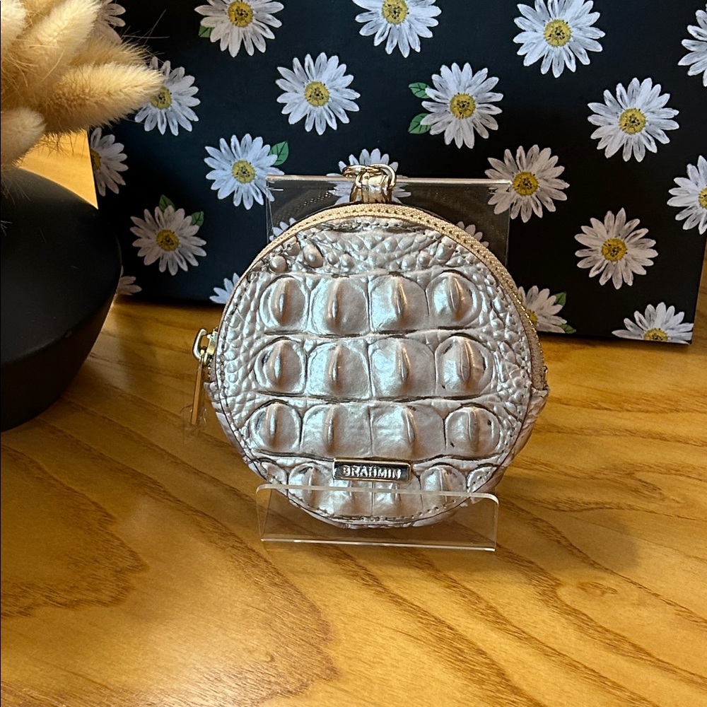 Brahmin Metallic Croc-Embossed Round Coin Wallet in off white & gold